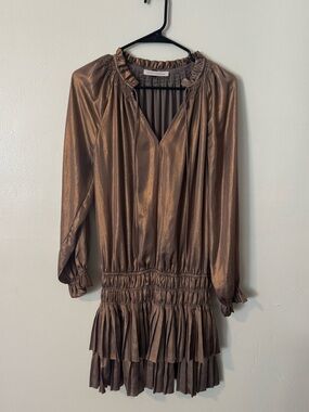 Pookie & Sebastian Bronze Satin Dress | Metallic Smocked Long Sleeve